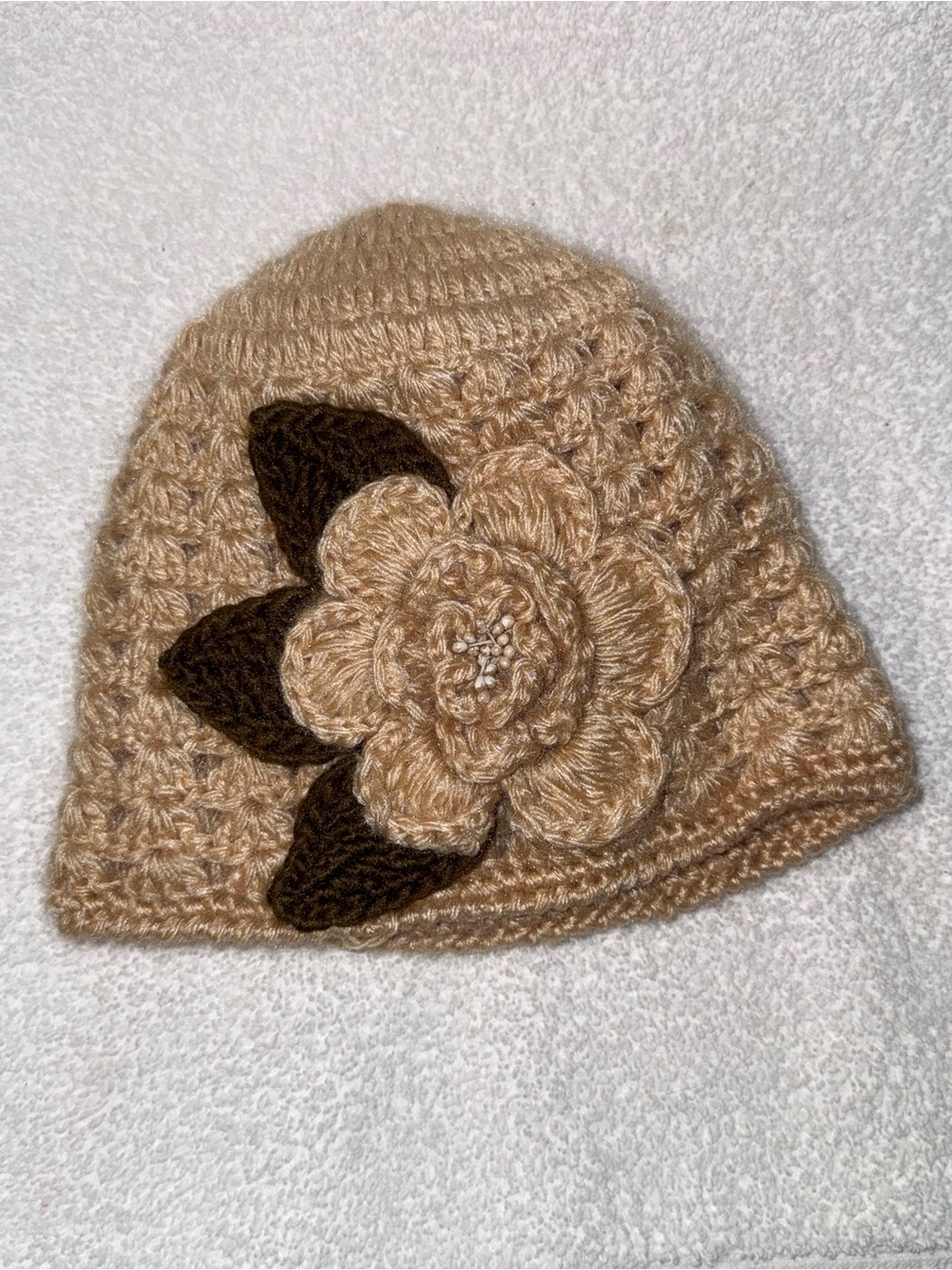Handmade Tan Crochet Beanie with Flower Accent
